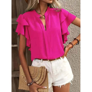 Blusa Dubai de Manga Corta con Cuello en V y Mangas con Volantes para Mujer, 36132 - Rosa - Product Image 1