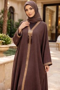 Modern High Quality Breathable Polyester Abaya Stone Work Handmade <b>Sequined</b> Arabic Dubai Style V Neck Full <b>Flare</b> Maxi Long - Product Image 4