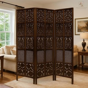 Separador de Habitaciones de Madera Tallada a Mano, Diseño de 3 Paneles, Acabado Marrón Envejecido, Decoración para el Hogar - Product Image 1