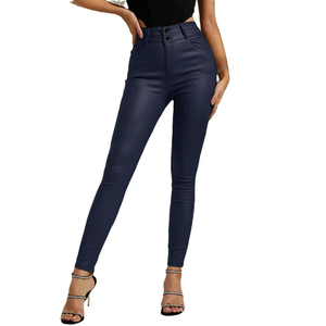 2024 nouveau Style dames pantalon en cuir respirant maigre longue PU cuir taille haute taille moyenne bouton décoration dames hiver - Product Image 5