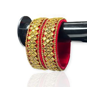 Viral Hot <b>Red</b> Gold Plated Premium Thread Pearl Bangle Set Trendy Festive Wear Stackable Bangles at Wholesale Price - Product Image 2