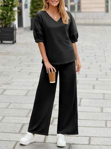 Femmes 2 pièces salon ensemble été tenues 3/4 manches col en V hauts surdimensionné jambe large pantalons longs entraînement survêtement ensembles - Product Image 2