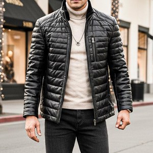 Men's Handmade Black Puffer Leather <b>Jacket</b> Stand Collar Winter <b>Canvas</b> Breathable Vintage Solid Pattern Casual Style Front Logo - Product Image 2