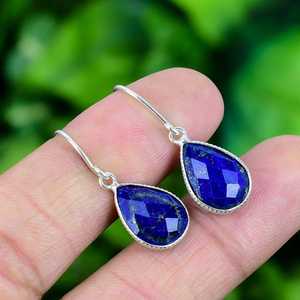 Boucles d'oreilles pendantes en argent sterling 925 massif, style bohème afghane, lapis-lazuli hydro, taille poire 8x10mm, sertissage clos, pour femme, mariage raffiné - Product Image 5