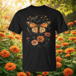 T-shirt vintage con farfalla reale e zinnie, a tema floreale, promozionale per damigelle e mamme - Product Image 3