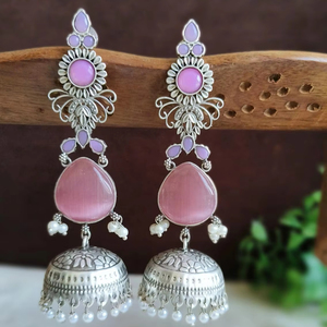 Boucles d'oreilles pendantes en pierre Monalisa, boucles d'oreilles Jhumka en argent, légères, bijoux indiens traditionnels, accessoire de vente en gros - Product Image 1