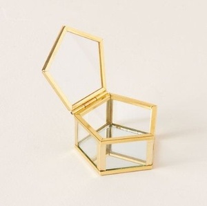 glass jewelry box 8 compartment gold brass frame <b>hinged</b> lid trinket holder keepsake display case ring <b>earring</b> storage tea box - Product Image 3