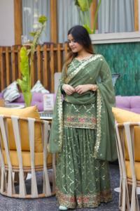 เสื้อปาร์ตี้ดีไซน์เนอร์ใหม่ที่สง่างามพร้อม sharara plazzo และเข้าชุด dupatta ที่สมบูรณ์แบบสำหรับเทศกาลจากอินเดีย - Product Image 2