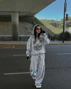 ชุดเสื้อฮู้ดแนวสตรีทสไตล์วินเทจประดับด้วยพลอยเทียมทำให้เอฟเฟคล้างได้เทอร์รี่ฝรั่งเศส - Product Image 5