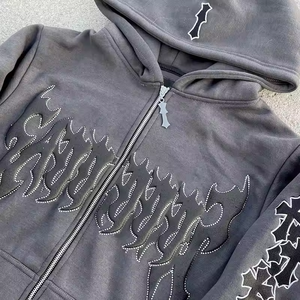 Survêtement deux pièces streetwear pour homme, personnalisable avec logo OEM, en molleton de coton uni, avec sweat à capuche zippé et strass, idéal pour l'hiver - Product Image 3