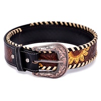 Cinturón de Rodeo Occidental Hecho a Mano con Cuentas y Grabado, de Cuero Genuino de Vaca, con Estampado por Transferencia Térmica, Estilo Vintage, Hebilla de Acero Desmontable