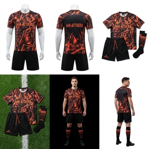 ชุดเสื้อฟุตบอลโพลีเอสเตอร์สีดำส้มระบายอากาศได้ดี พิมพ์ลายแบบนามธรรม ชุดทีมแขนสั้นพร้อมกางเกงขาสั้นเข้าชุด รับผลิตแบบ OEM - Product Image 5
