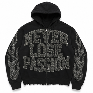 Sudadera con capucha extragrande de algodón 100% con cremallera, estampado casual personalizado, pedrería y bordado, estilo urbano, OEM ODM - Product Image 1