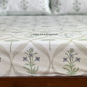 Indian Handcrafted Sanganeri Hand Block Printed 300tc 100% Cotton Flat <b>Sheet</b> Set Pillow Cover for Hotel Use Adults Machine Wash - Product Image 3