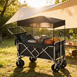 Wholesale <strong>Heavy</strong> <strong>Duty</strong> <strong>Folding</strong> Camping <strong>Wagon</strong> With Canopy All-Terrain Portable <strong>Beach</strong> Trolley With Rear Storage Pocket Big Wheels - Product Image 1