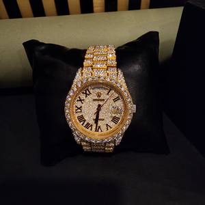 Montre de luxe à cadran romain, ton jaune, diamant moissanite, entièrement sertie, style président, bracelet en acier inoxydable, mouvement ETA, unisexe - Product Image 5