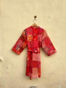 Handmade Cotton Sari Kantha Coat Vintage Style Long Patchwork Jacket Embroidered Print Design <b>Double</b> Breasted Knitted Breathable - Product Image 5