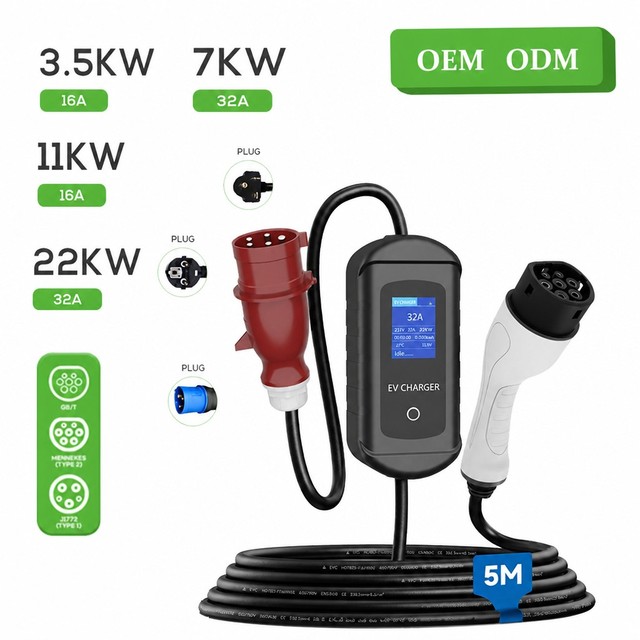 Portable EV Charger Type 2 32A 7kW 11kW 22kW AC EV Charging Cable LED Display IP65 Waterproof for Electric Car Home Charging