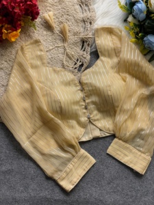 Chemisier moderne chemisier à motif de style col en V peut être utilisé dans saree et laheng chemisier dos motif ouvert avec ton à ton tasells - Product Image 6