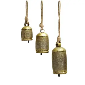 Best Price Handcrafted Set of 3 Hanging Cow Bells with Hand Carved Work and Rustic Finished Used for Outdoor Decor