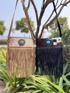 Sac à main en cuir de vachette à franges, pierre turquoise, sac bandoulière, multi-usages, sacs élégants, style bohème, sac à franges élégant - Product Image 5