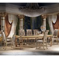 Ensemble de table à manger rectangulaire en bois massif de style mid-century moderne de luxe, 9 pièces, finition dorée royale sculptée à la main, 6 chaises convertibles