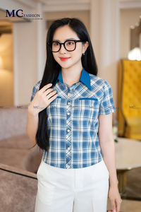 AT103 Camisa a cuadros moda Oficina mujer alta moda color básico forma buena forma retención manga corta juvenil gran oferta - Product Image 5