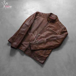 Chaqueta de Motociclista de Cuero Marrón para Hombre, Estilo Clásico, con Cierre de Cremallera, Logotipo Frontal, Precio al por Mayor, Proveedor al por Mayor - Product Image 5