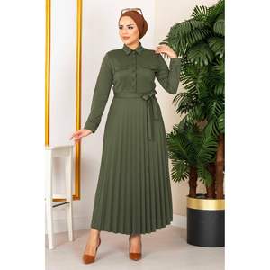 Pleated <b>Skirt</b> Hijab Dress 100MD21515 Almond Green - Product Image 2