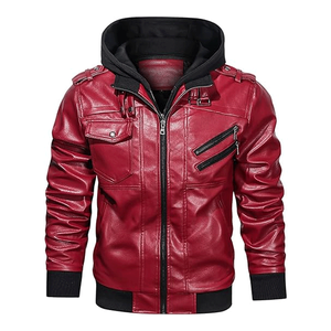 Chaqueta de bombardero de motocicleta con cuello levantado informal para hombre con capucha extraíble PU Faux Leather Zip-Up para invierno High Street Style - Product Image 2