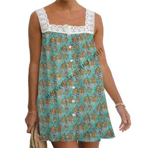Cotton Hand Block Printed Floral Sleeveless Lace Top Spring/Summer Floral Beautiful Hand Block Printed Cotton Tunic <b>Dress</b> - Product Image 2