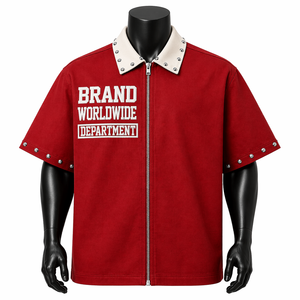 Camisa Oversize Personalizada para Hombre con Cremallera, Manga Corta, Corte Holgado, Estilo Urbano, Cuello con Tachuelas, Estampado de Logotipo, Venta al por Mayor OEM - Product Image 1