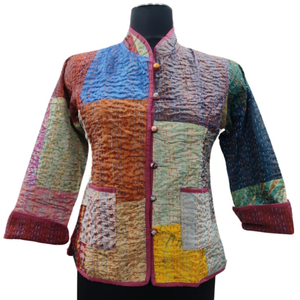 Veste courte respirante à manches longues avec patchs Kantha et boutons décoratifs pour l'automne, l'hiver et le printemps - Product Image 1