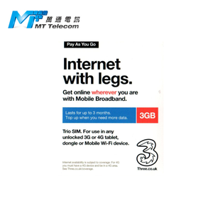 3UK ซิมการ์ดแบบเติมเงิน4G/3G แบบหลายประเทศ90วัน3GB