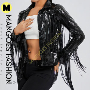 Women's Autumn Winter Black Color <b>Sequin</b> Party <b>Jackets</b> Sparkly Long Sleeve Open Front Tassel Blazers Cotton Filling Quilted - Product Image 5