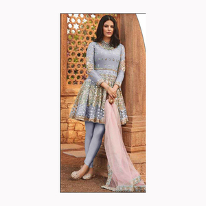 Pakistani 3 Piece <b>Red</b> Festive Long <b>Flared</b> Kurti Pant with Dupatta Set for Women Indian Designer Salwar Kameez Readymade Party - Product Image 1