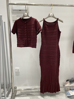 Ensemble de 3 pièces de haute qualité pour femmes, robe en tricot à perles avec haut à manches courtes, cardigan à manches longues et robe en tricot mi-longue