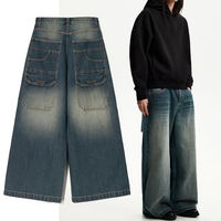 Jeans cargo surdimensionnés à jambes larges et amples, délavés, bleu délavé, multi-poches, personnalisés, pour hommes