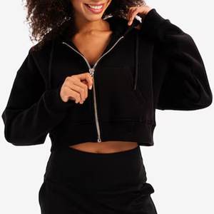 Wholesale Custom Logo Casual Cropped Hoodie <b>for</b> <b>Women</b> 100% Cotton Custom Logo Blank Plain Black Zip-up High Anti-Shrink Knitted - Product Image 5