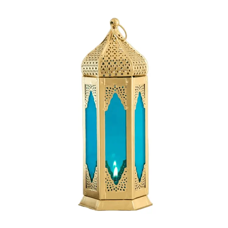 Große Kerzen laterne im marok kanis chen Stil Goldene Farbe Blaues Glasfenster Dekoratives Beleuchtungs zubehör für Zuhause und Büro