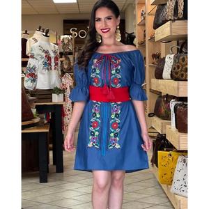 Robe maxi en denim brodée pour femmes, style bohème mexicain, tunique en coton, ceinture naturelle écologique, décontractée pour l'été - Product Image 2