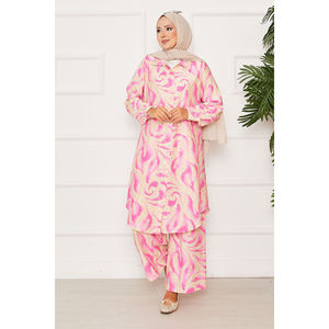 Casual Fuchsia Two-Piece Set Full-Length Button-<b>Down</b> with Elasticated Sleeves Linen Crepe Fabric for Spring/Summer MOQ 2pcs - Product Image 4