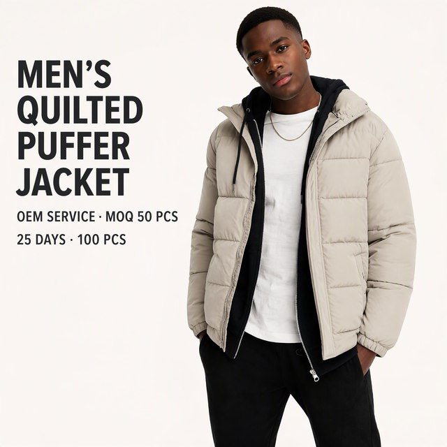 Men's Polyester Quilted Puffer Jacket Thick Padded Turn Down Collar OEM