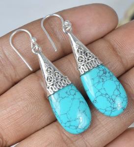 Boucles d'oreilles en cuivre Turquoise 925 argent Sterling pierre précieuse crochet boucle d'oreille décembre pierre de naissance bijoux faits à la main poire forme cadeau pour elle - Product Image 2
