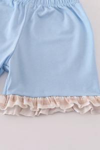 Ensemble short à volants vichy d'été beige pour filles tenue deux pièces mignonne avec haut brodé et bas assortis pour enfants - Product Image 4