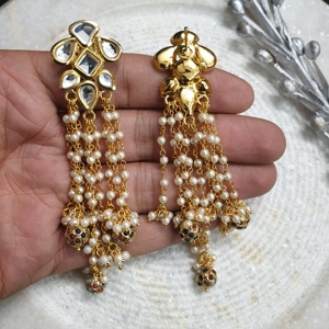 Bridal Kundan Pearl Tassel <b>Earrings</b> Indian <b>Gold</b> Plated Long <b>Dangle</b> <b>Earrings</b> with Meenakari Beads Traditional Jewelry - Product Image 1