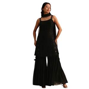 Black Embellished <b>Kurta</b> Sharara <b>Set</b> with Net Dupatta <b>for</b> Festive Wedding Reception Party Indian Occasion Wear - Product Image 3