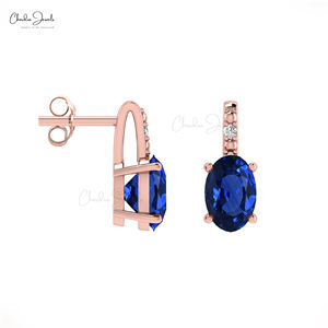 Pendientes de tuerca de zafiro azul genuino, tachuelas de piedras preciosas ovaladas de 6X4mm con diamantes acentuados, joyería fina de oro Real de 14K para revendedores - Product Image 2