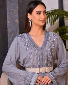 Handmade Grey Chiffon Silk Moroccan Caftan <b>Kaftan</b> <b>Dress</b> Breathable Anti-Static Evening Wear for Adults Casual for Arab <b>Women</b> - Product Image 4