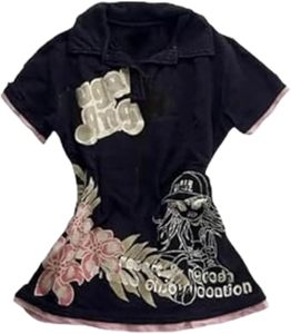 Chemise d'été en coton noir imprimé pour femmes avec motif floral et dessin animé, manches courtes, haut décontracté - Product Image 2